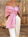 Elegant Pink Satin Off-Shoulder Crop Top with Bow and Lace-Up Accents for Women