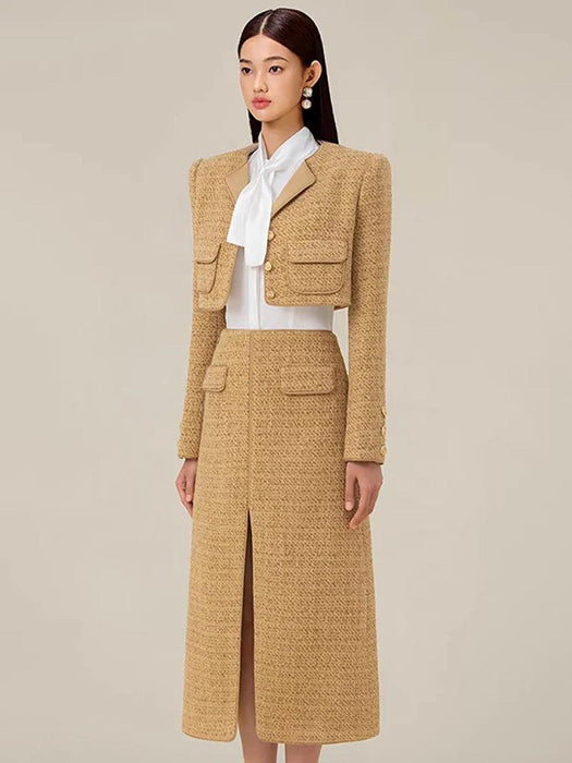 Elegant 2-Piece High-Waisted Tweed Ensemble with Stylish Split Maxi Skirt for Women