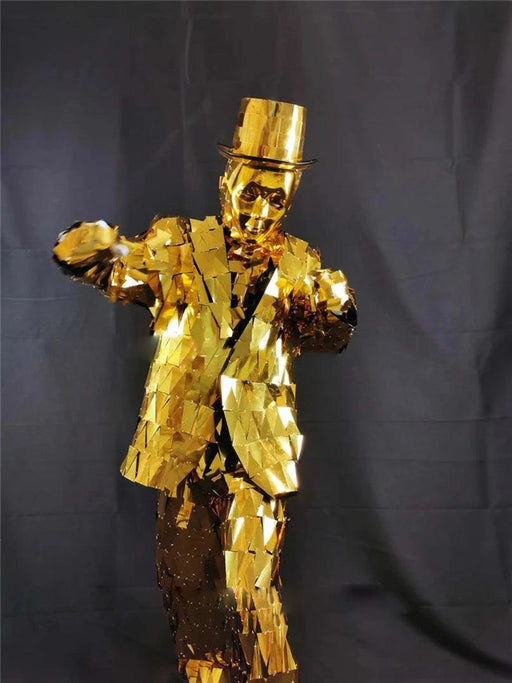 Radiant Gold Stage Outfit for Men - Dazzling Performance Suit with Reflective Design and Coordinating Hat for DJs and Dancers