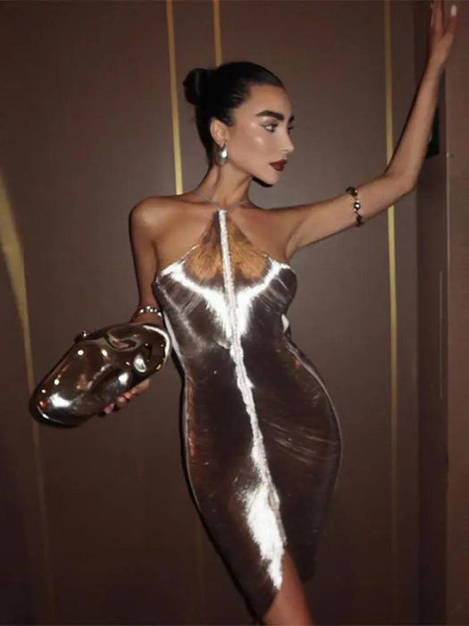 Sparkling Metallic Halter Bodycon Mini Dress - Elegant Backless Cocktail Attire