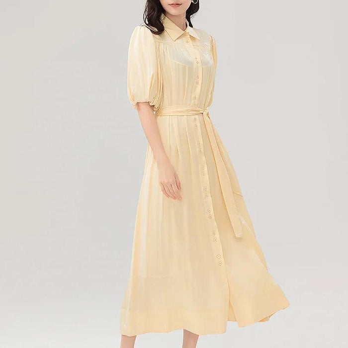 Silk Elegance Lace-Up Waist Dress - Women's Refreshing Solid Attire Embodied Femininity & Grace