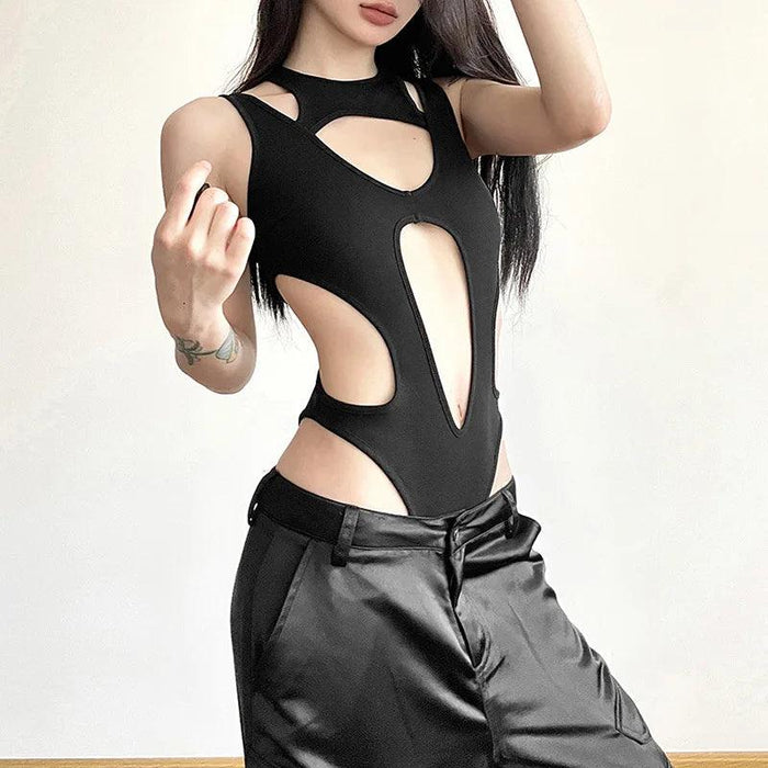 Edgy Backless Techwear Bodysuit - Y2K Grunge Hollowed Slim Fit Top for Women