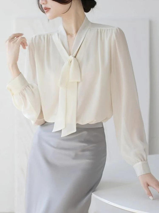 Chic Korean Chiffon Lace-Up Blouse with Puff Sleeves and V-Neck for Women