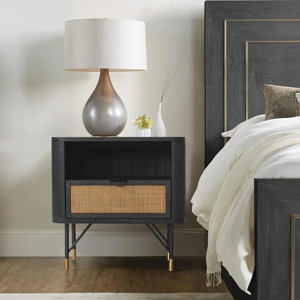 Saratoga Black Acacia Nightstand with Rattan Accents