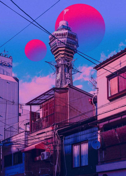 Osaka Tower Midnight Celebration Canvas Print - Whimsical Pink Street Scene for Enchanting Wall Decor