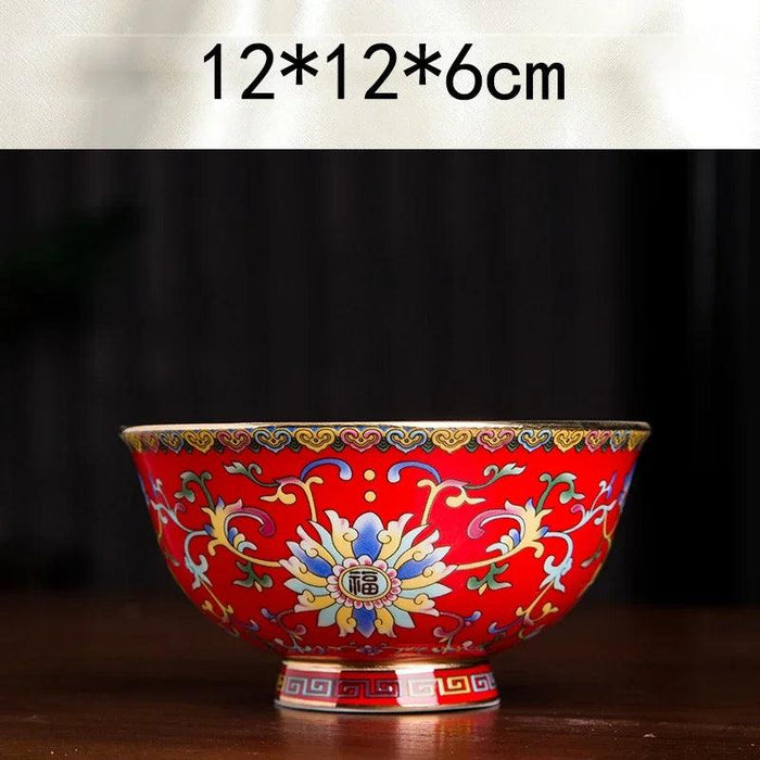 Ornate Chinese Ceramic Salad Bowl Set with Gold Trim - Elegant Enamel Tableware for Stylish Dining