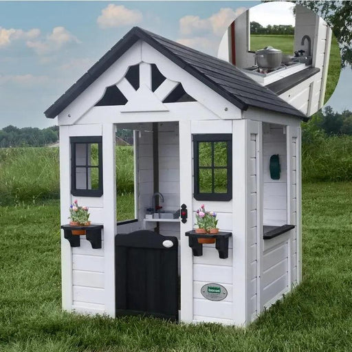 Elegant White Wooden Outdoor Playhouse with Kitchen, Sink, and Functional Doorbell