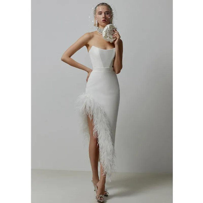 Elegant Strapless Black and White Feather Detail Bodycon Dress for Women