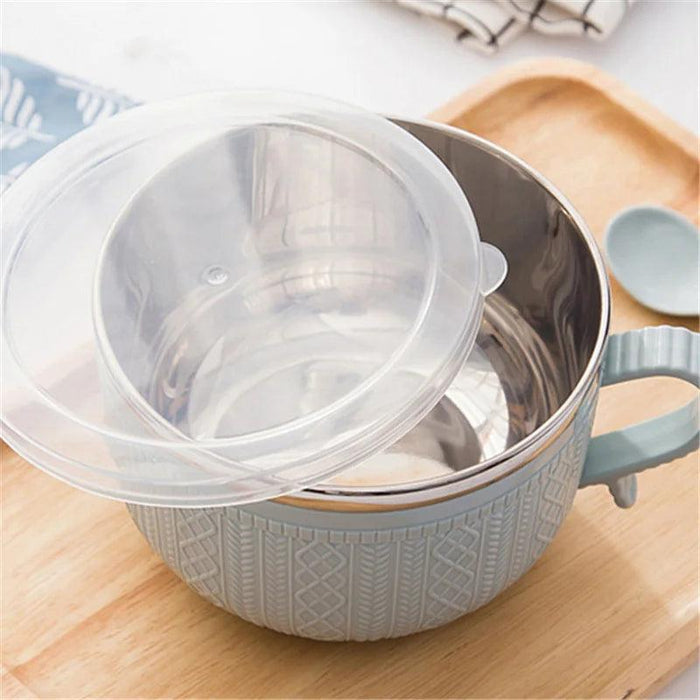 Insulated Stainless Steel Ramen Bowl Set with Lid and Spoon - Large Capacity Double-layer Design for Instant Noodles