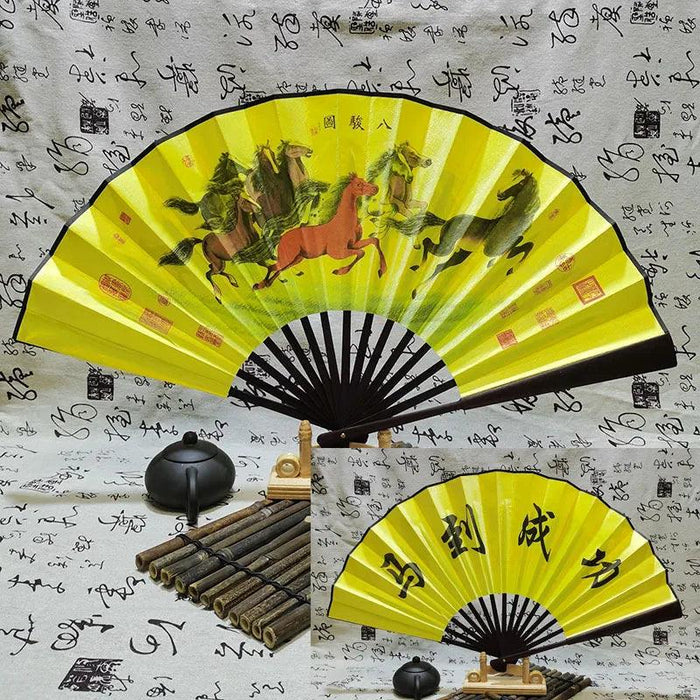 Vintage Silk Folding Fan with Bamboo Handle - Stunning Handheld Accessory for Celebrations and Home Sophistication