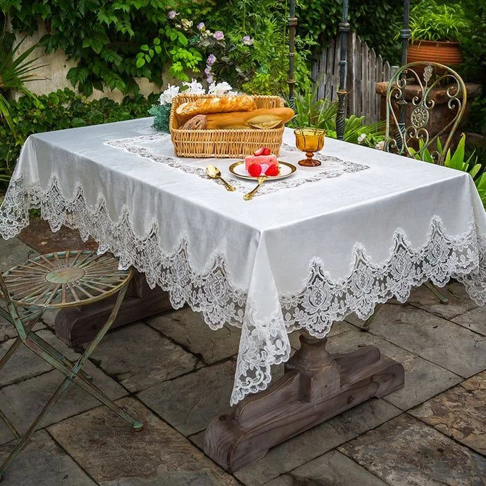 Opulent White Gold Velvet Tablecloth with Lace Embroidery - Luxe Dining Room Decor