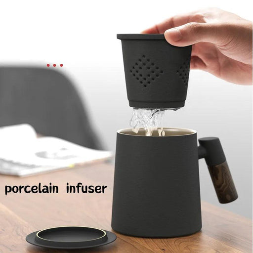 Chic Ceramic Tea Mug with Wooden Handle and Infuser Lid - Essential Drinkware for Every Occasion