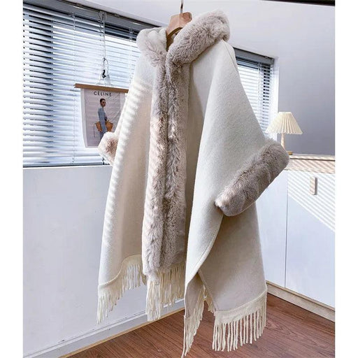 Elegant Fur-Hooded Batwing Poncho for Fashionable Women