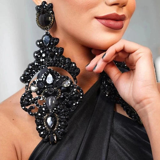 Glamorous Black Crystal and Rhinestone Dangle Earrings - Luxurious Statement Accessory