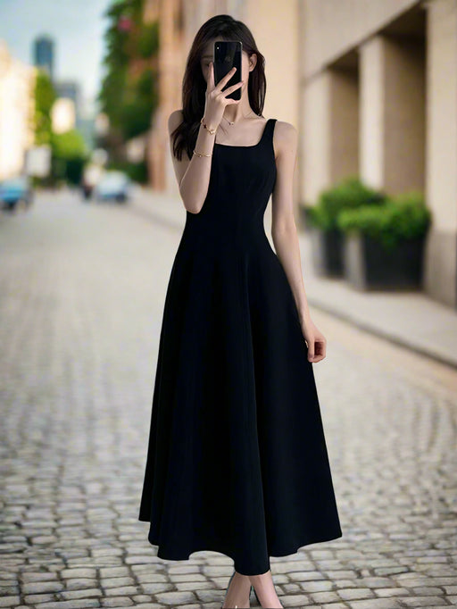 Sophisticated Black Spaghetti Strap Evening Dress for Women - Effortless Elegance by Jielur