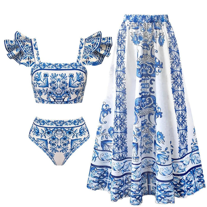 Ruffled Floral Brazilian Swim Set - Fashionable Skirted Beachwear for Women