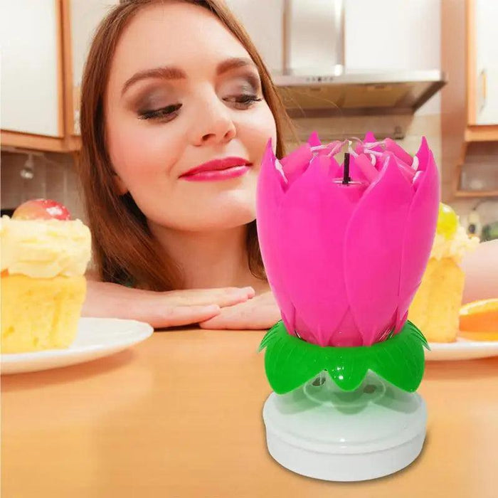 Musical Lotus Flower Birthday Candle with LED Lights and Rotating Action for Cakes and Cupcakes