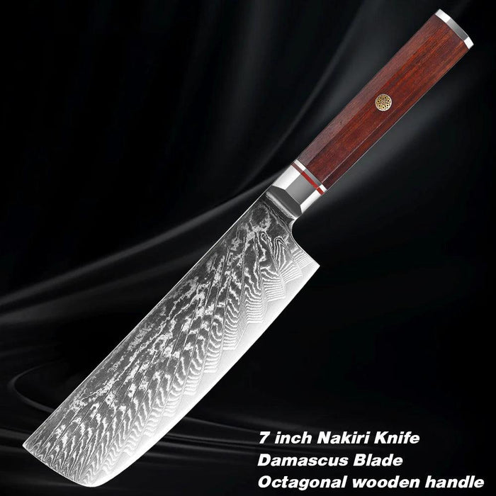 Luxurious 7-Piece Damascus Steel Knife Set with Artisan Rosewood Handles