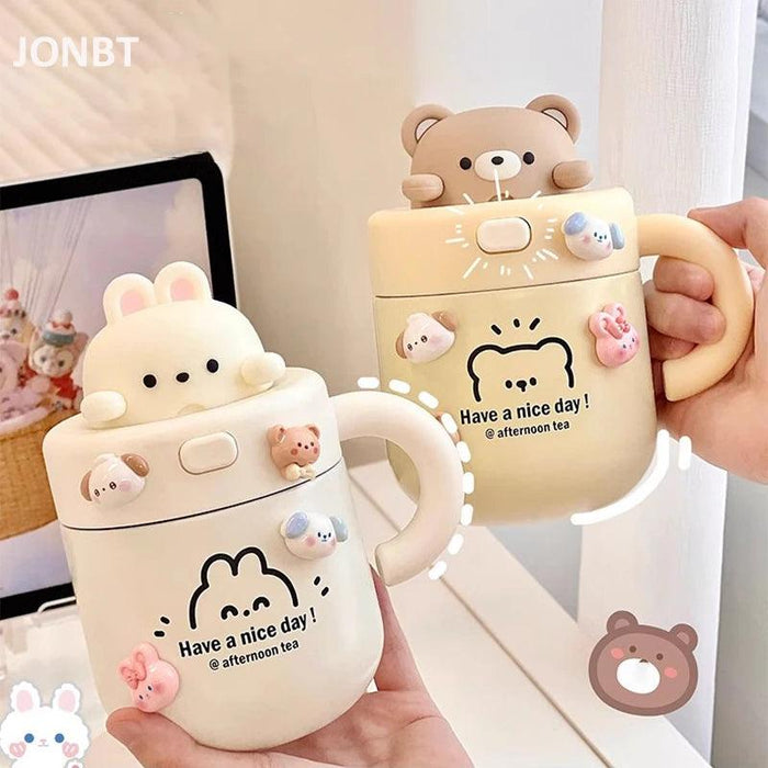 Adorable Kawaii Bear Insulated Stainless Steel Travel Mug with Straw for All Your Beverages