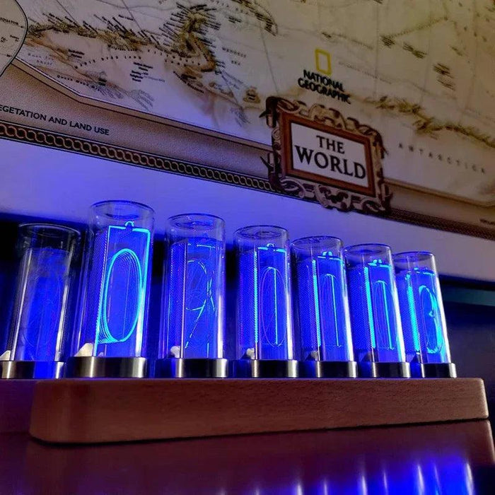 Retro RGB Nixie Tube Clock with Stylish Wooden Base - LED Alarm Timepiece for Unique Desktop Decor and Gifting