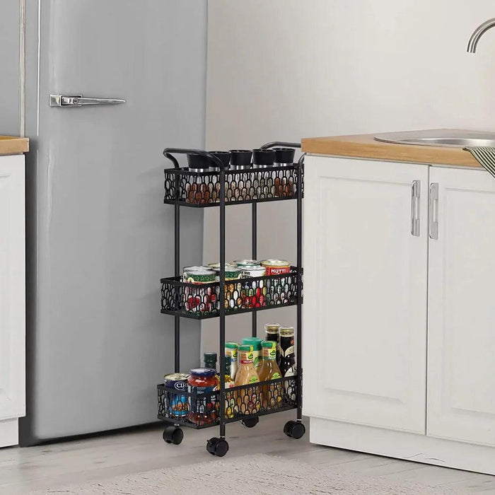 Compact Black 3-Tier Rolling Mesh Organizer Cart for Effortless Storage