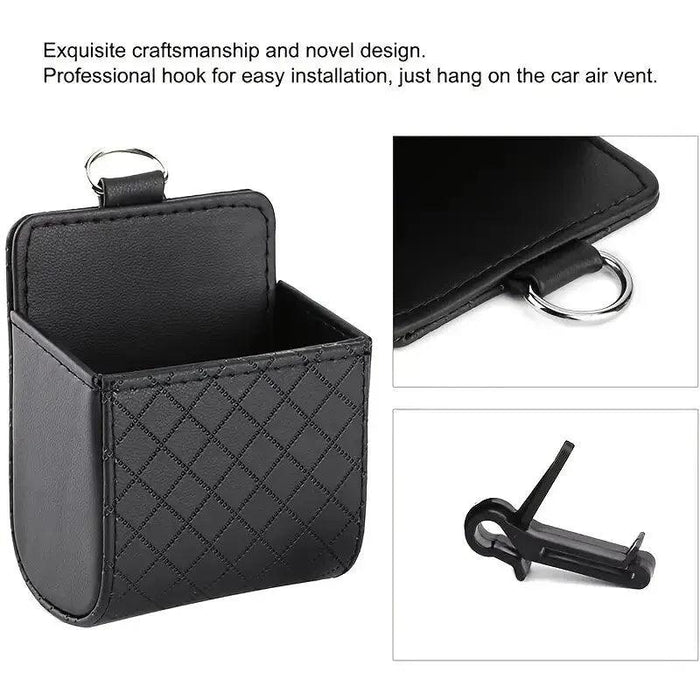 Sleek Black PU Leather Car Air Vent Organizer for Phone and Glasses