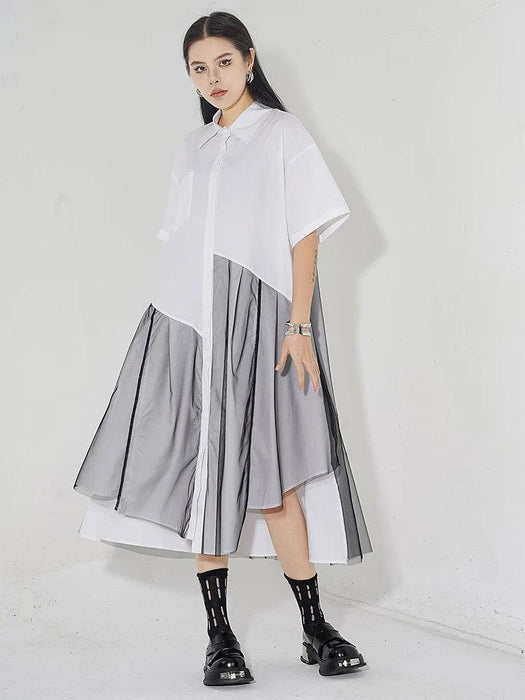 Trendy Plus Size White Mesh Shirt Dress with Irregular Splicing – Short Sleeve Fashion for Spring/Summer 2024