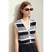 Chic Summer Sleeveless V-Neck Wool Cardigan with Vibrant Striped Accents