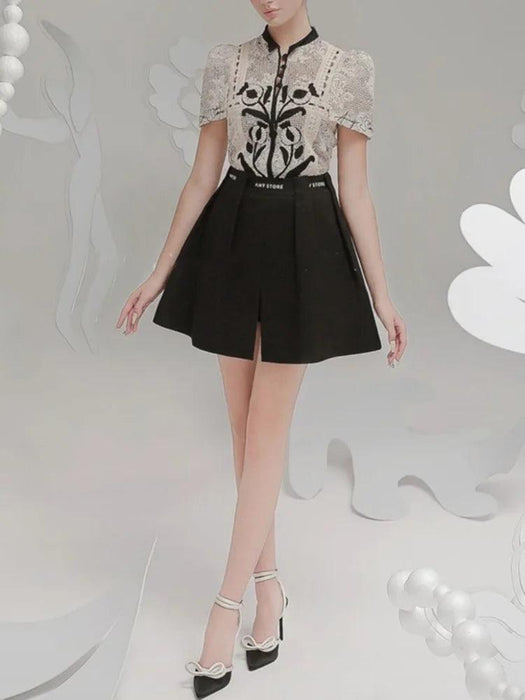 Floral Embroidery Lace Top and Pleated Skirt Set