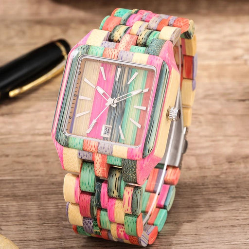 Eco-Conscious Style: Men's Artisan Wooden Quartz Watch with Vibrant Multicolor Band