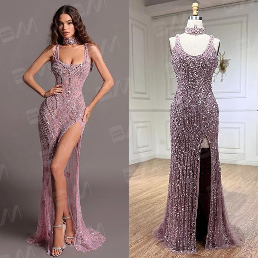 Glamorous Rhinestone-Embellished Mermaid Evening Dress with Stylish Neck Accessory and Elegant Side Slit for Women