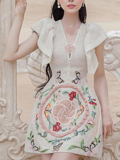 Pearl Embroidered V-Neck A-Line Dress with Flutter Sleeves