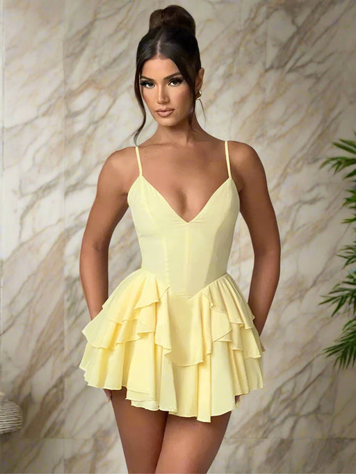 Elegant Backless Ruffled V Neck Summer Mini Dress for Women - Ideal for Parties and Gatherings