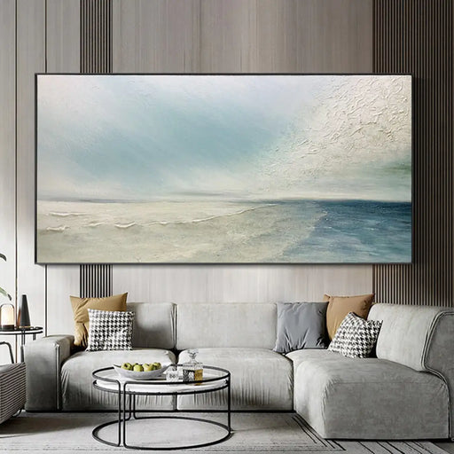 Tranquil Coastal Serenity Hand-Painted Oil Painting: Sandy Beach and Blue Sky Art