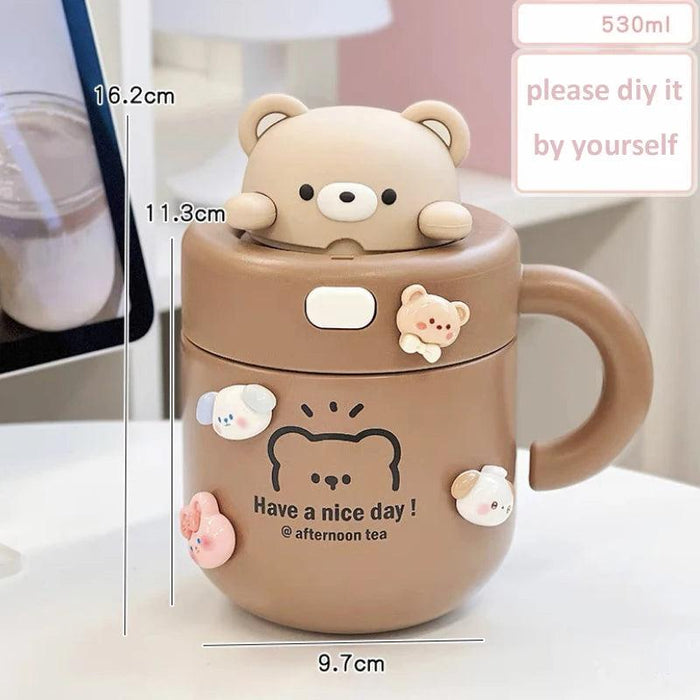 Adorable Kawaii Bear Insulated Stainless Steel Travel Mug with Straw for All Your Beverages