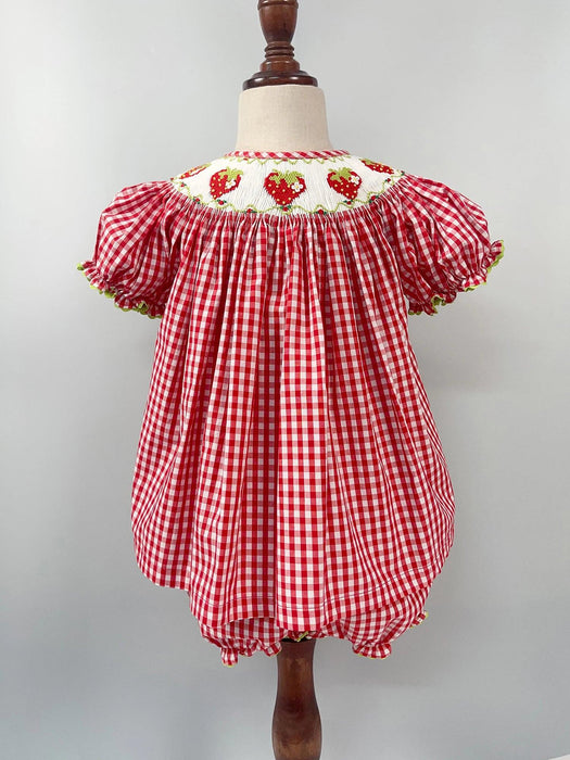 Adorable Handmade Strawberry Embroidered Summer Dress Set for Girls - Trendy Red Plaid Bubble Sleeve Outfit with Chic Split Design