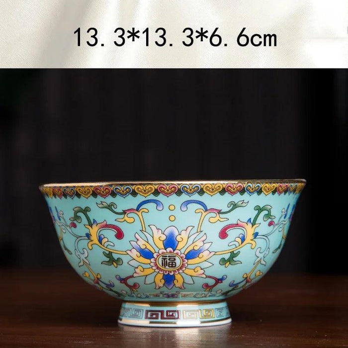 Ornate Chinese Ceramic Salad Bowl Set with Gold Trim - Elegant Enamel Tableware for Stylish Dining