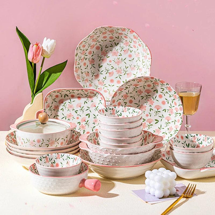 Charming Korean Ceramic Dining Set with Lid - Peach Designed Rice, Soup Bowls, and Elegant Pink Plate with Handle Bowl