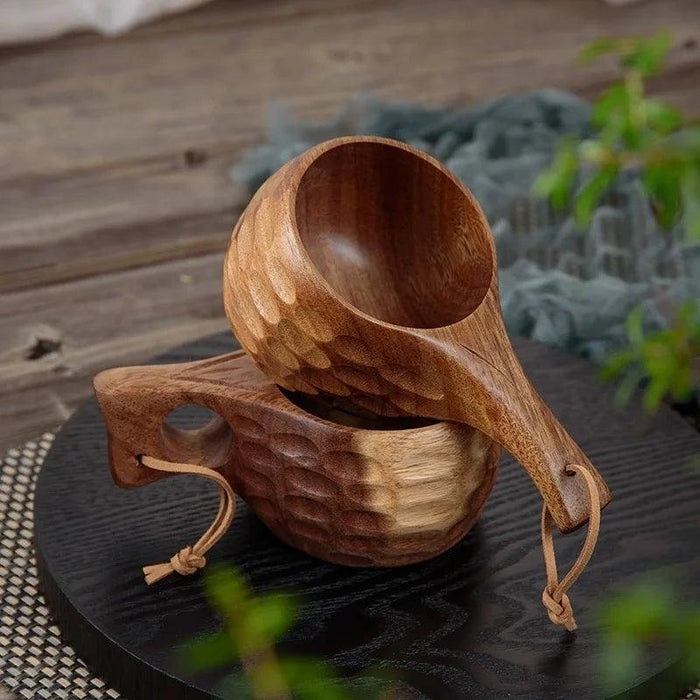 Rustic Acacia Wood Outdoor Mug - Elegant Camping Coffee & Milk Cup with Practical Rope Handle