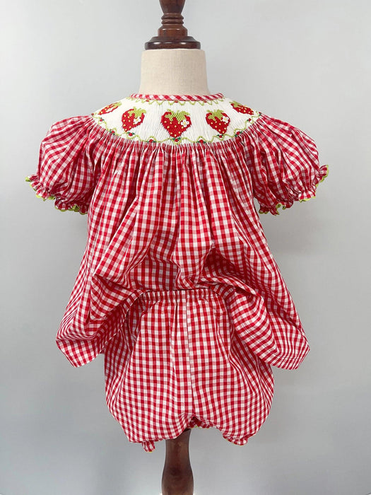 Adorable Handmade Strawberry Embroidered Summer Dress Set for Girls - Trendy Red Plaid Bubble Sleeve Outfit with Chic Split Design