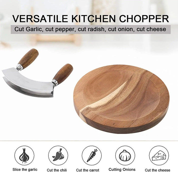 Double Blade Mezzaluna Chopper and Acacia Wood Board Set - Ideal for Efficient Herb, Nut, and Vegetable Preparation