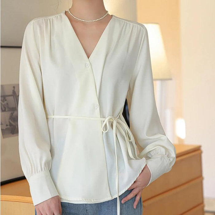 Trendy White V Neck Lace-Up Blouse for Women - Stylish Button-Up