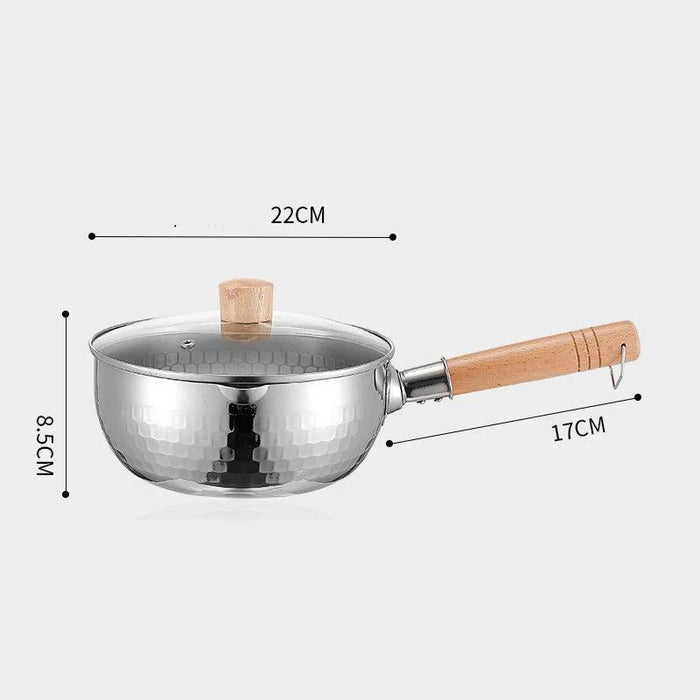 Japanese Stainless Steel Snow Pan with Ergonomic Wooden Handle and Lid - Perfect for Stewing, Frying, and Milk Heating