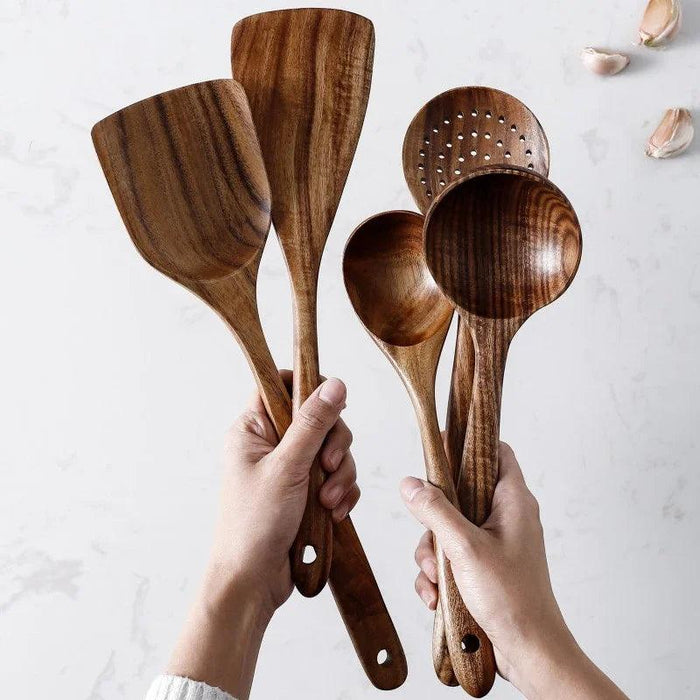 Sustainable Teak Wood 7-Piece Kitchen Utensil Set - Eco-Friendly Cooking Tools