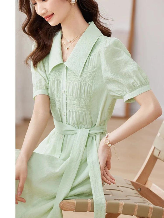 Summer Elegance: Light Green Smocked A-Line Dress with Belt