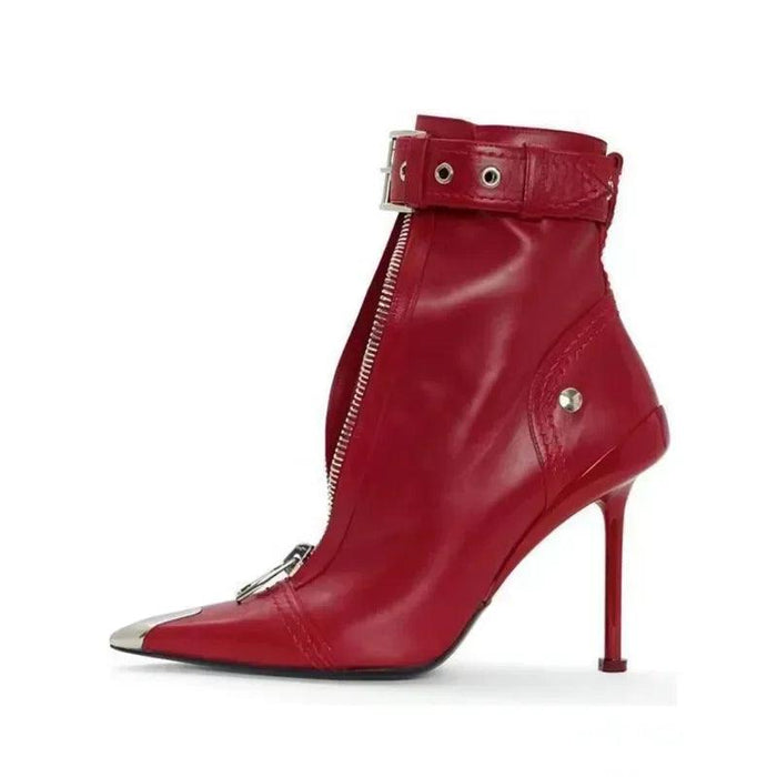 Red Pointed High Heel Ankle Boots with Zipper and Stylish Metal Details