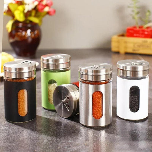 Stylish Rotating Glass Spice Dispenser Set with Stainless Steel Lids - Trio of Seasoning Jars