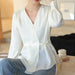 Trendy White V Neck Lace-Up Blouse for Women - Stylish Button-Up