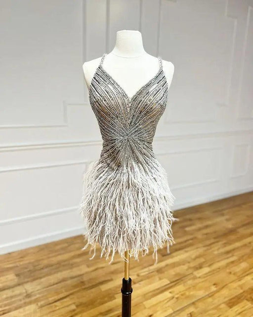 Elegant Custom Fit Backless Feathered Mini Dress for Cocktail Occasions