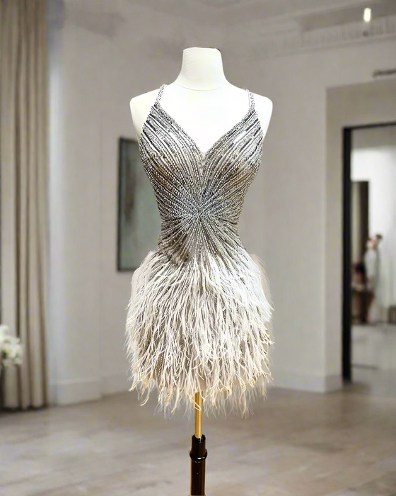 Elegant Custom Fit Backless Feathered Mini Dress for Cocktail Occasions